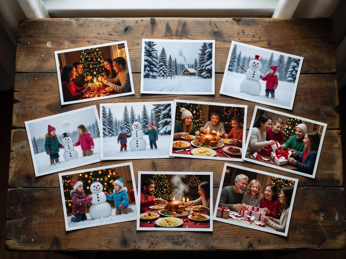 Supporting example photograph: a spread of printed holiday snapshots laid out on a wooden table