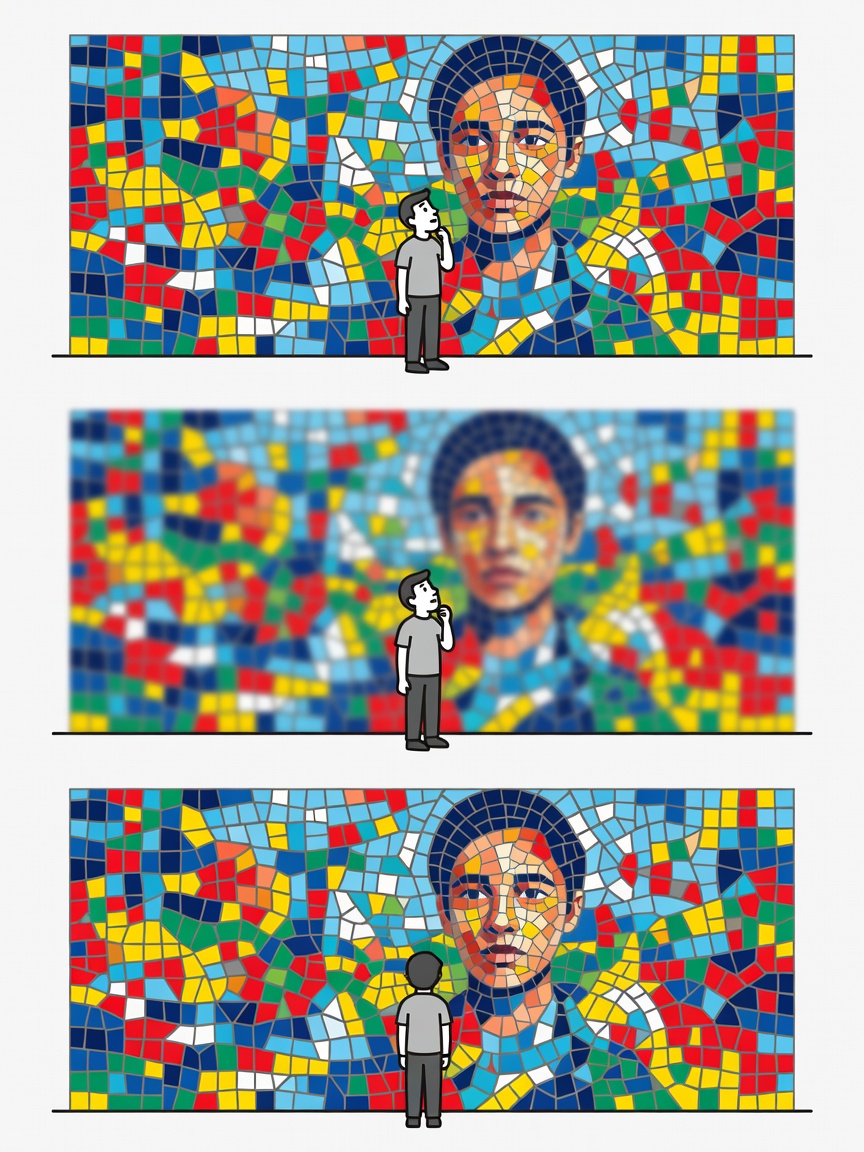 Flat vector illustration showing a viewer at three distances from a mosaic, with the image resolving as they step back