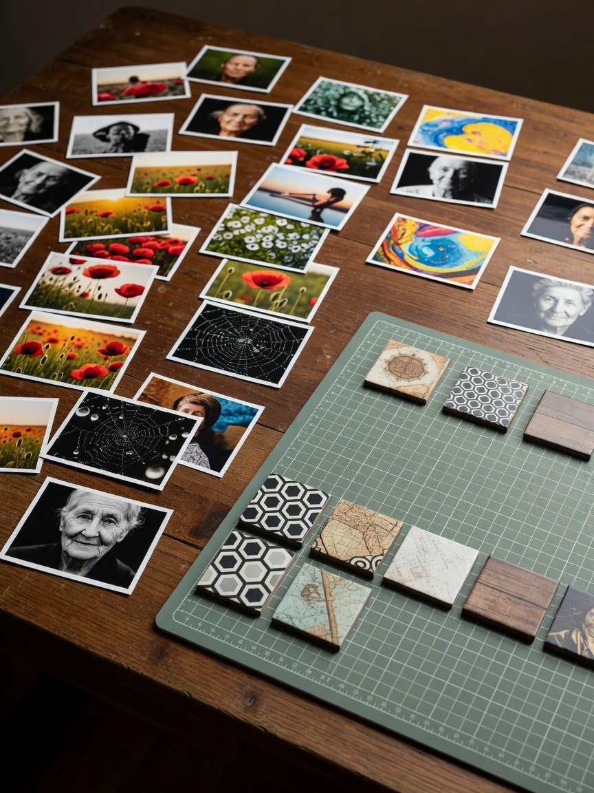 Supporting example photograph: a studio desk scattered with small printed photographs and a cutting mat